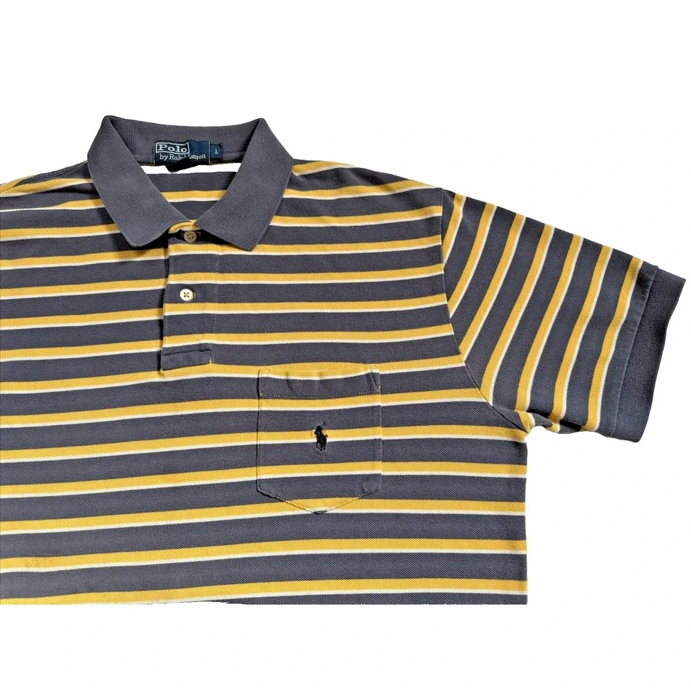 Polo‎ Ralph Lauren Men's Polo Shirt Short Sleeve YELLOW GRAY Striped, Large